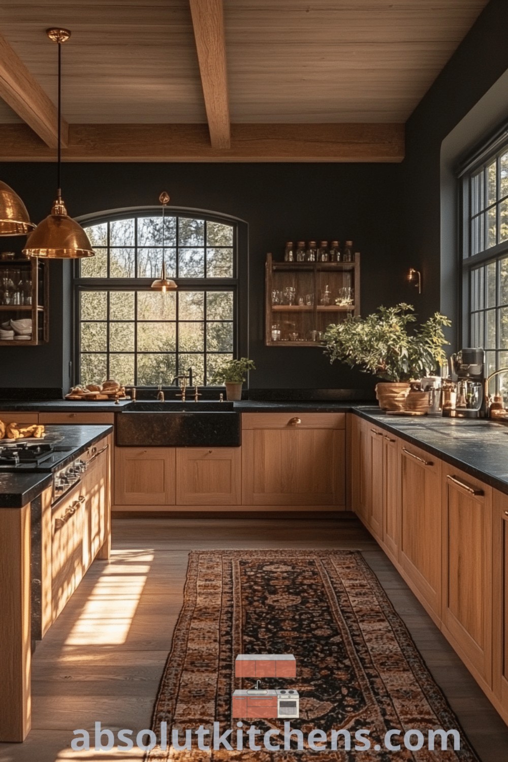 A large kitchen adorned with wooden cabinets, stylish black countertops, and a cozy area rug, perfect for creating a warm and inviting atmosphere. Discover inspiring design trends and decor ideas at absolutkitchens.com for your house or apartment.