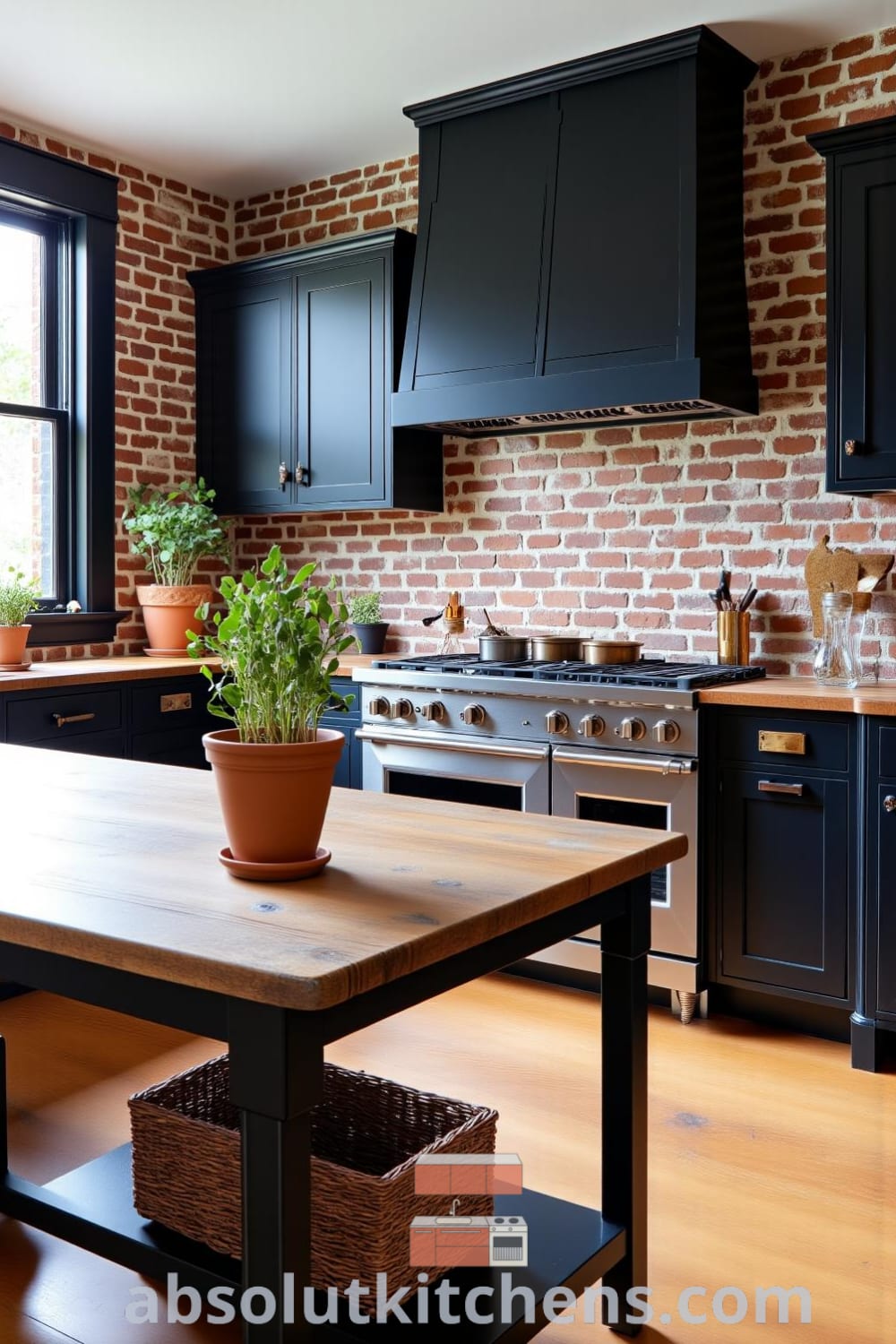 Cozy rustic kitchen featuring black weathered wooden cabinets, an exposed brick backsplash, and a farmhouse table illuminated by natural light, accented with fresh herbs in terracotta pots, providing inviting decor ideas and inspirations for your home at fireplacesandwoodstoves.com.