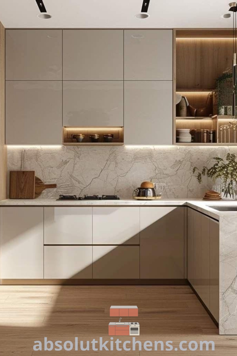 A modern kitchen showcasing a textured kitchen island and two-tone cabinets, enhanced by a luxurious marble island. This space embodies contemporary kitchen design ideas, offering unique inspirations for your home. Discover more decor ideas at wellnesswink.com.
