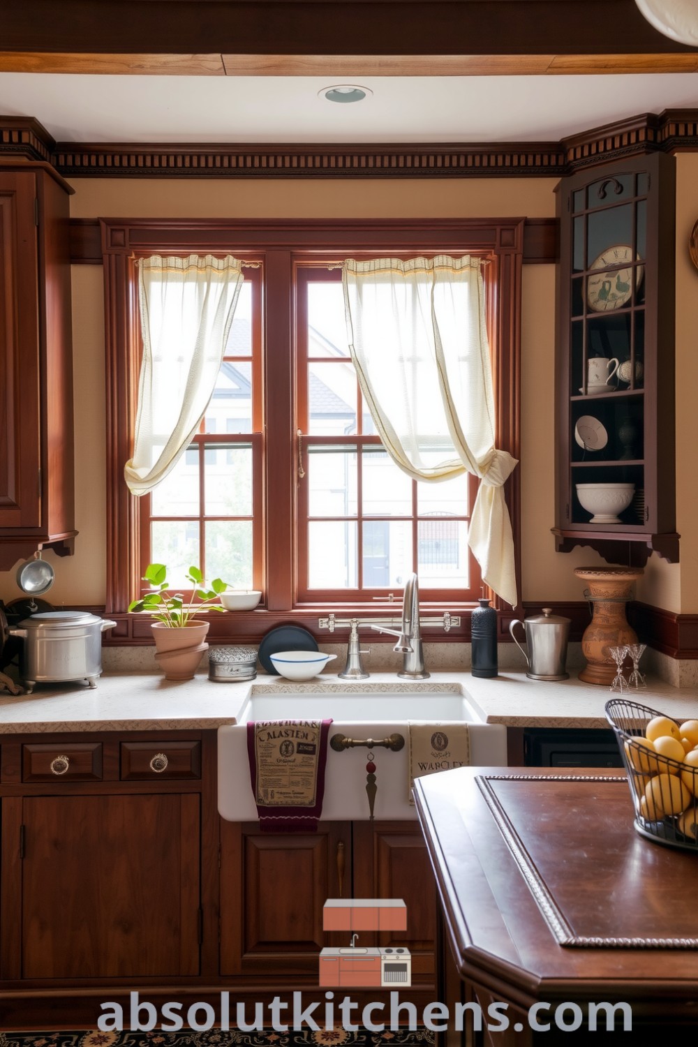 Cozy Victorian kitchen featuring soft beige walls, a farmhouse sink, dark-stained cabinets with antique utensils, and a warm fireplace, creating an inviting atmosphere filled with the aroma of freshly baked bread, perfect for inspiring decor ideas and cozy aesthetics. Visit absolutkitchens.com for more design inspirations.