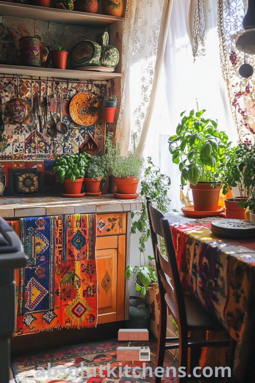 Bohemian Kitchen decor featuring vibrant textiles, kitchen organization ideas, and cozy kitchen style on absolutkitchens.com.