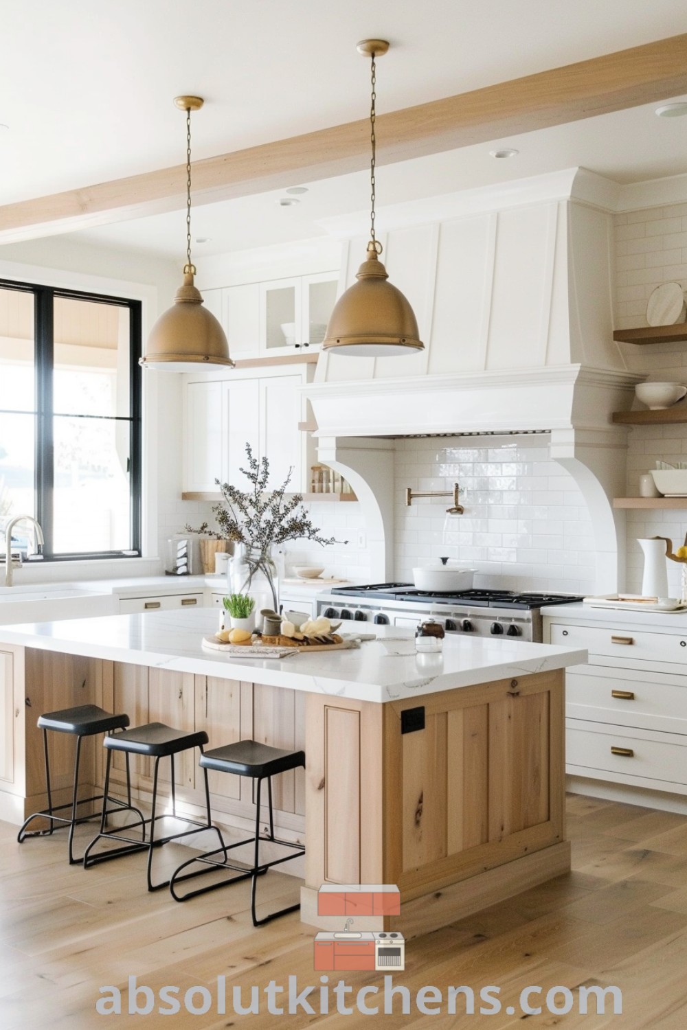A Modern Boho Farmhouse Kitchen with white cabinetry, wooden accents, and inviting decor, showcasing cozy aesthetic ideas for house or apartment. Featuring design trends that blend country modern style, this kitchen from absolutkitchens.com inspires unique decorating ideas for small spaces.