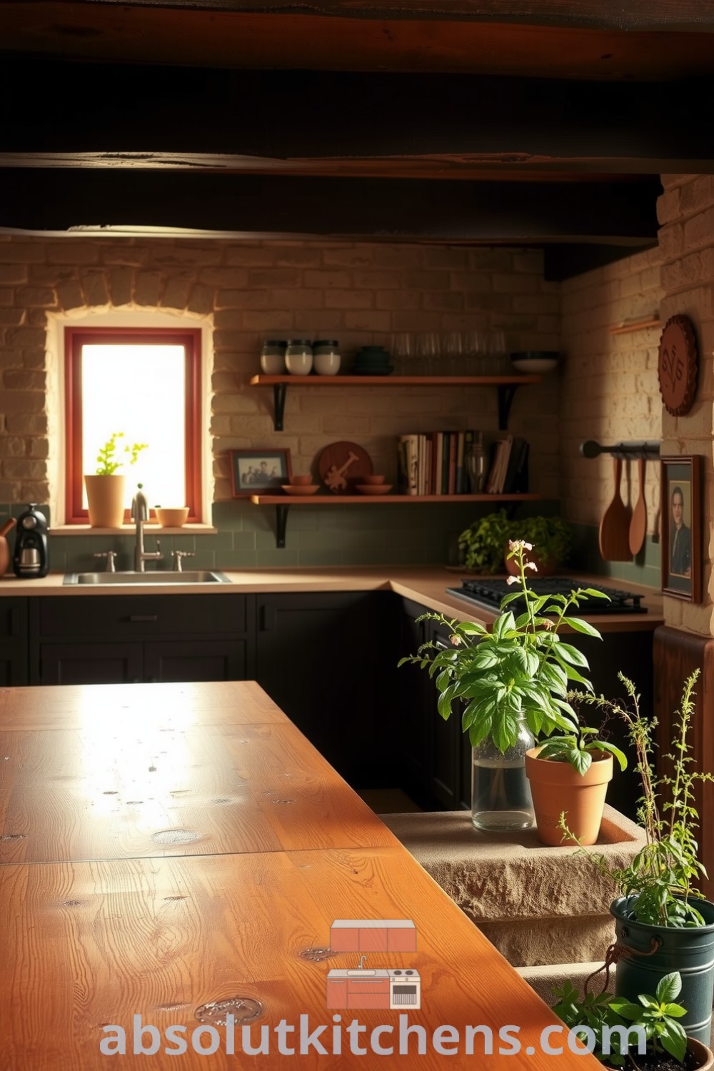 Cozy rustic kitchen featuring warm brown tones, sun-dappled light, textured stone walls, wooden beams, a polished butcher block countertop, an antique gathering table, and vibrant pots of fresh herbs, perfect for cozy home design ideas from absolutkitchens.com.
