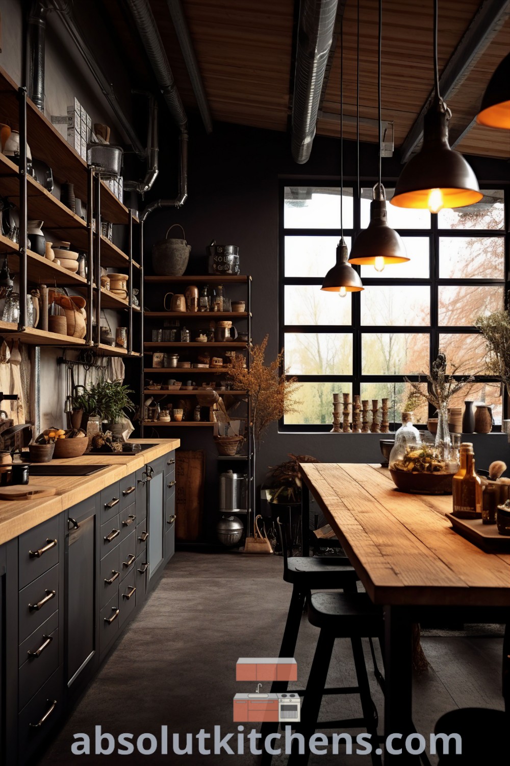 An industrial-style kitchen featuring a mix of exposed brick, wooden elements, and grey lighting, with walnut cabinets and a corner sink that exemplify industrial interior design. This inspiring space offers unique ideas for creating a cozy home and showcases decor inspirations at wellnesswink.com.