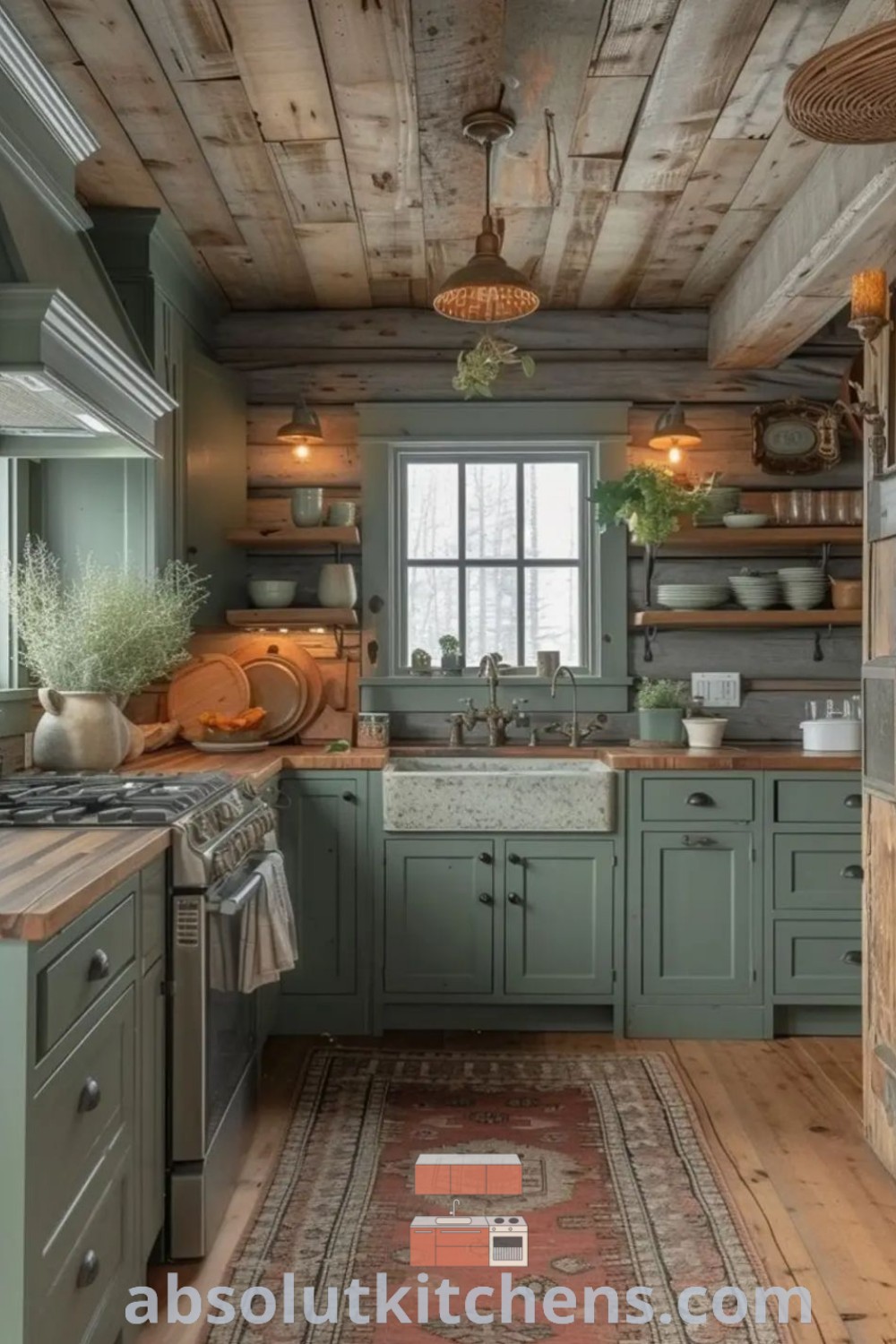 A charming kitchen showcasing green cabinets and wooden floors, along with a cozy rug, reflecting the England farmhouse style. This inspiring country-style kitchen offers design tips and ideas for creating a cabin kitchen atmosphere, blending rustic elegance with a modern home. Discover more decor ideas for your house at absolutkitchens.com.