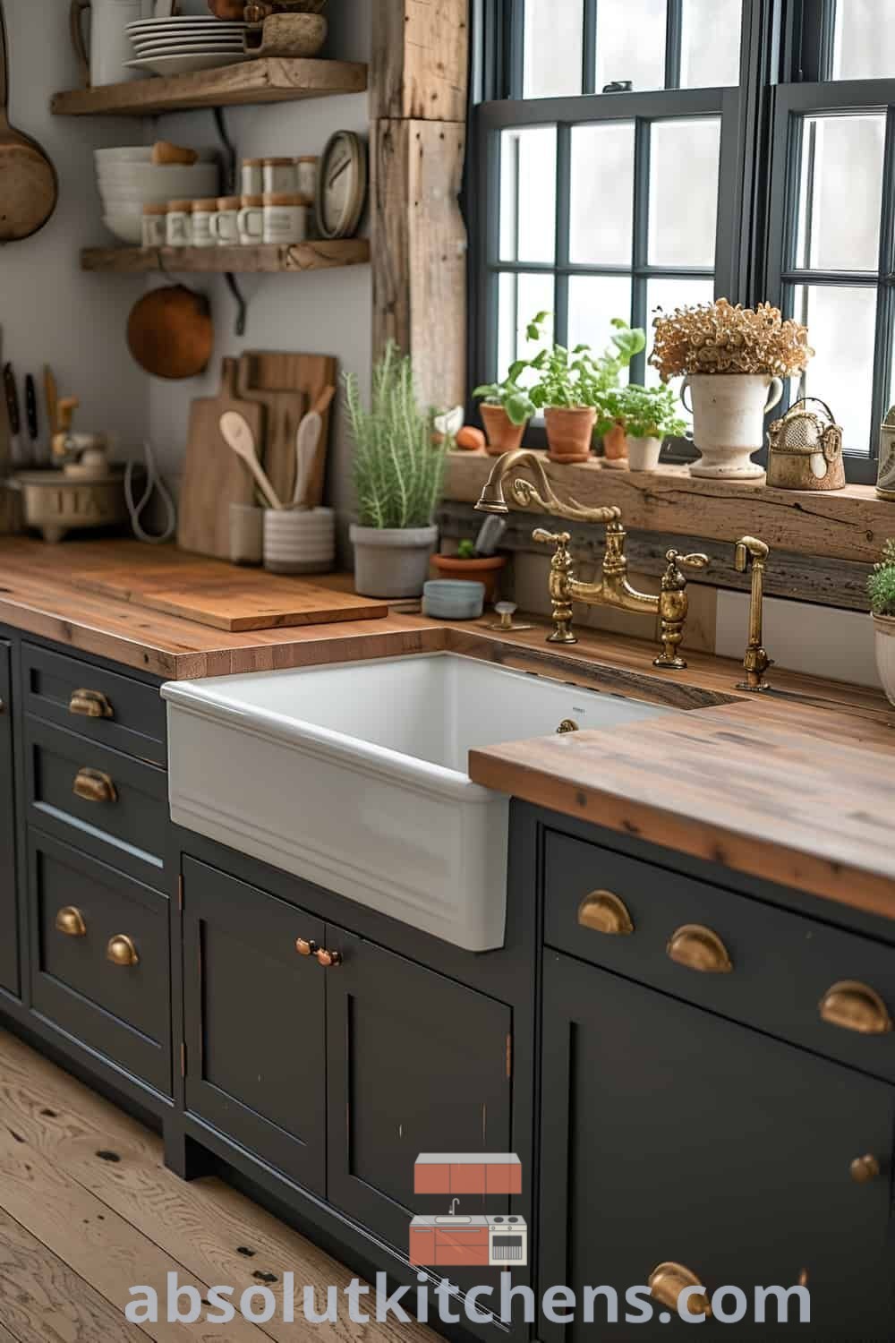 A rustic cottage kitchen with wooden counter tops and black painted cabinets, complemented by an old window in the background. This space exemplifies cozy design trends, offering inviting decor ideas for small spaces. Visit absolutkitchens.com for inspiring kitchen design ideas you need to see.