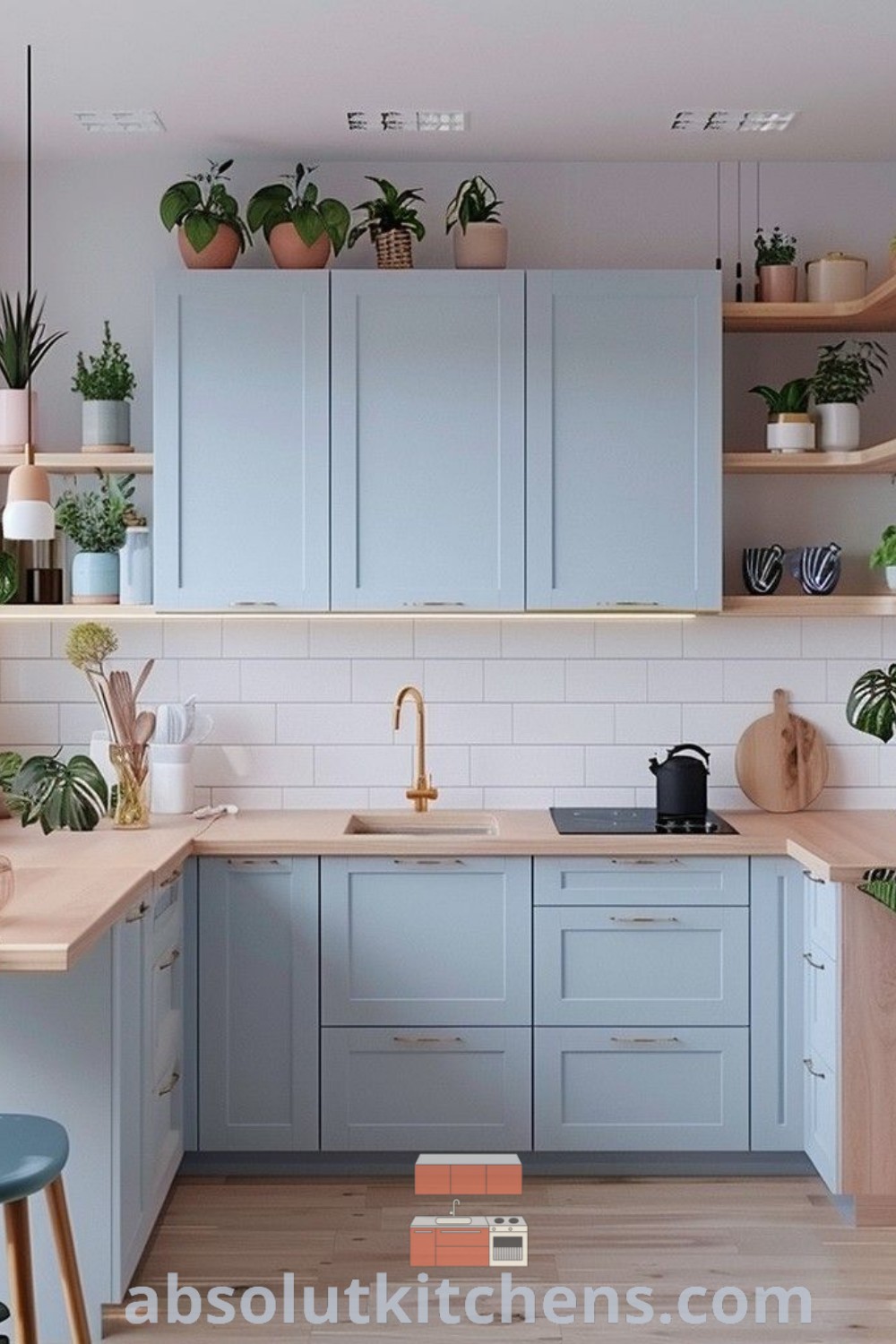 A cozy blue Scandinavian kitchen featuring numerous potted plants, light blue cabinetry, and a functional dining area that emphasizes cozy ideas and decor inspirations. This space showcases unique design ideas for small kitchens. Explore more on wellnesswink.com.