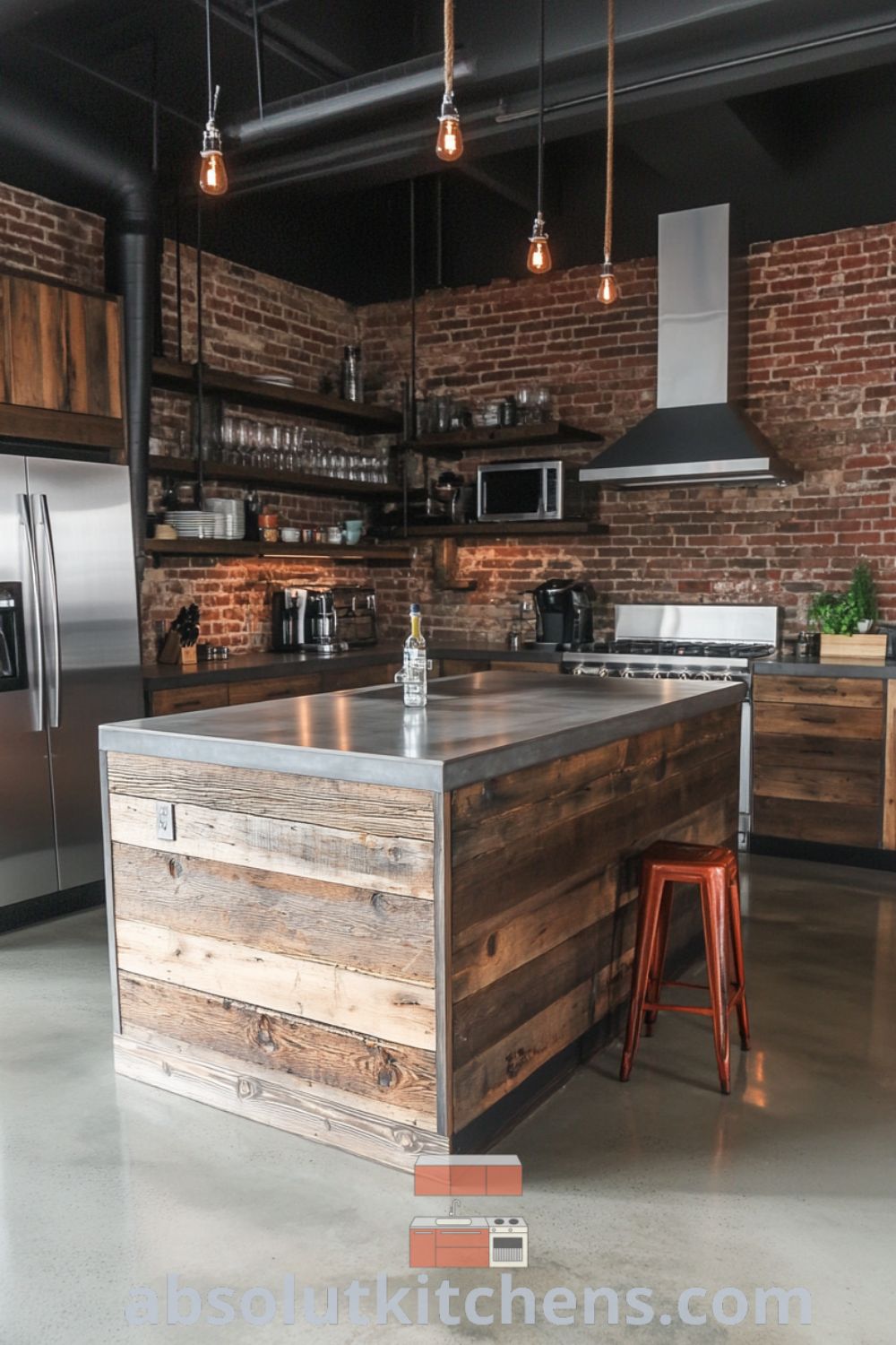 Charming industrial kitchen scene on absolutkitchens.com featuring exposed brick walls, polished concrete floors, and rustic wooden cabinets, offering ideas you need to see for a cozy aesthetic and inspiring decor ideas for small spaces.