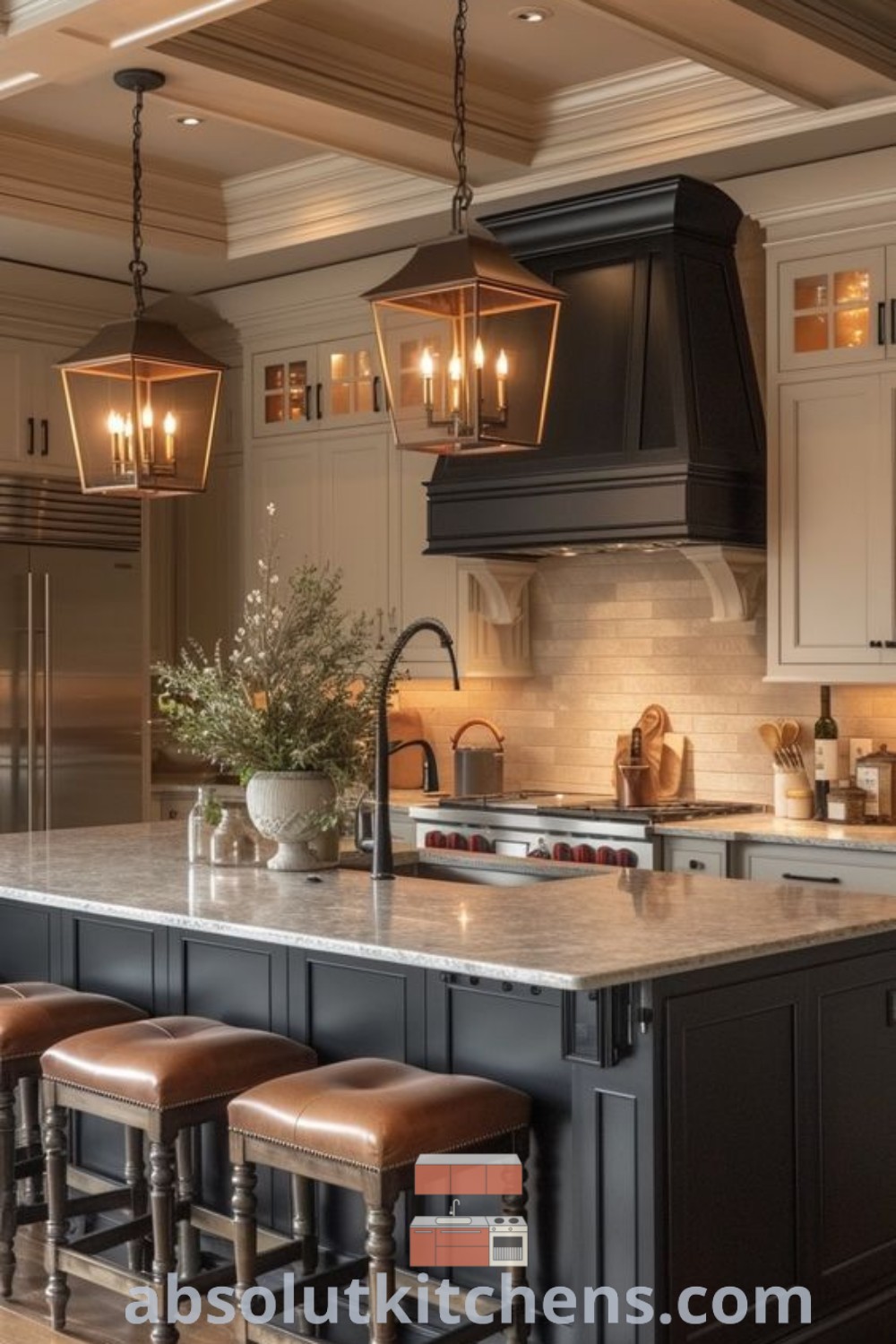 A large kitchen with a dark color island and white cabinets, designed for functionality and style. It showcases unique kitchen interior designs, warm kitchen ideas, and classy modern kitchen aesthetics. Find inspiring decor ideas for cozy spaces at absolutkitchens.com.