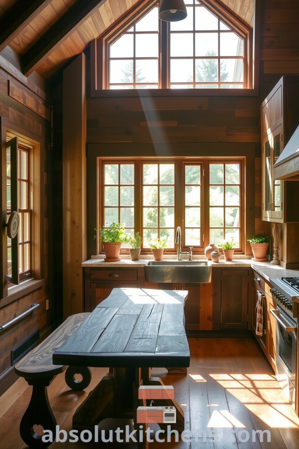 Cozy nature-inspired kitchen with wooden cabinetry, polished stone countertops, and potted herbs on the windowsill, creating an inviting atmosphere and perfect design ideas for a warm home at absolutkitchens.com.