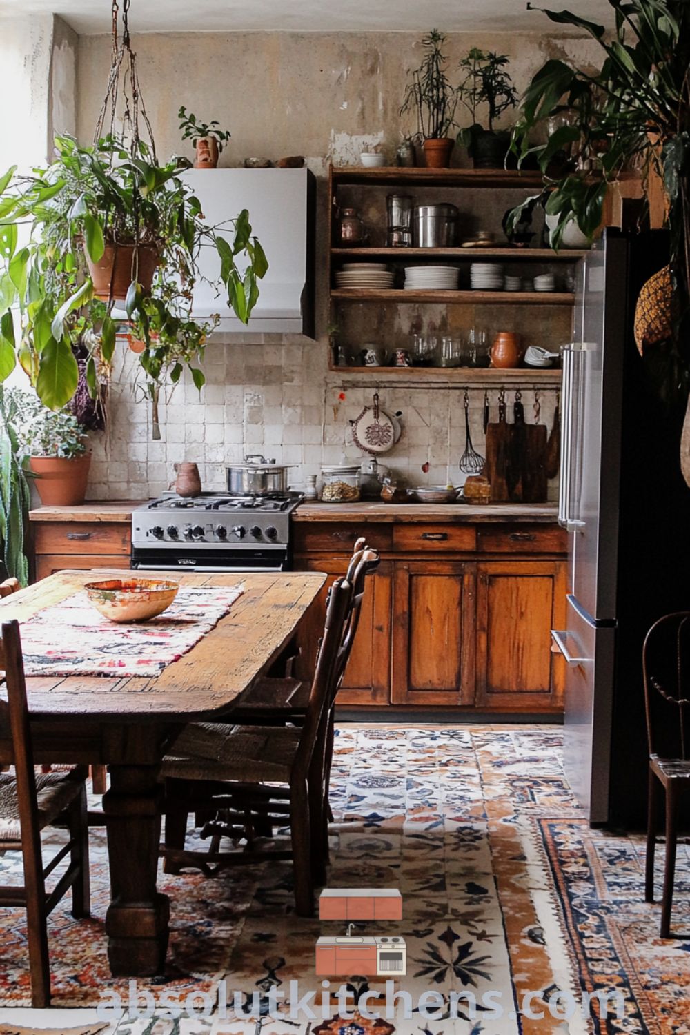Bohemian Kitchen with rustic accents and layered textures on absolutkitchens.com, showcasing cozy kitchen ideas, inviting decor ideas for small spaces, and kitchen organization inspiration.