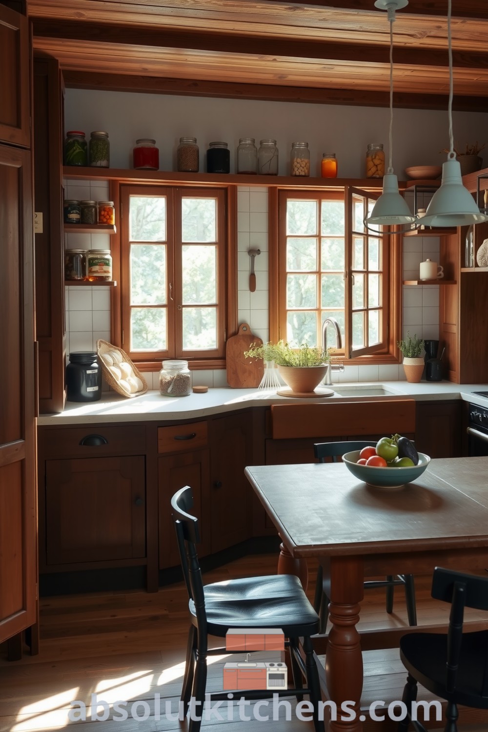 A cozy Scandinavian kitchen with rich brown wooden cabinets, jars of homemade preserves and dried herbs, smooth stone countertops, a ceramic bowl of fresh produce, and a sturdy dining table with mismatched chairs, offering inspiring decor ideas for a warm and inviting home, featured on fireplacesandwoodstoves.com.