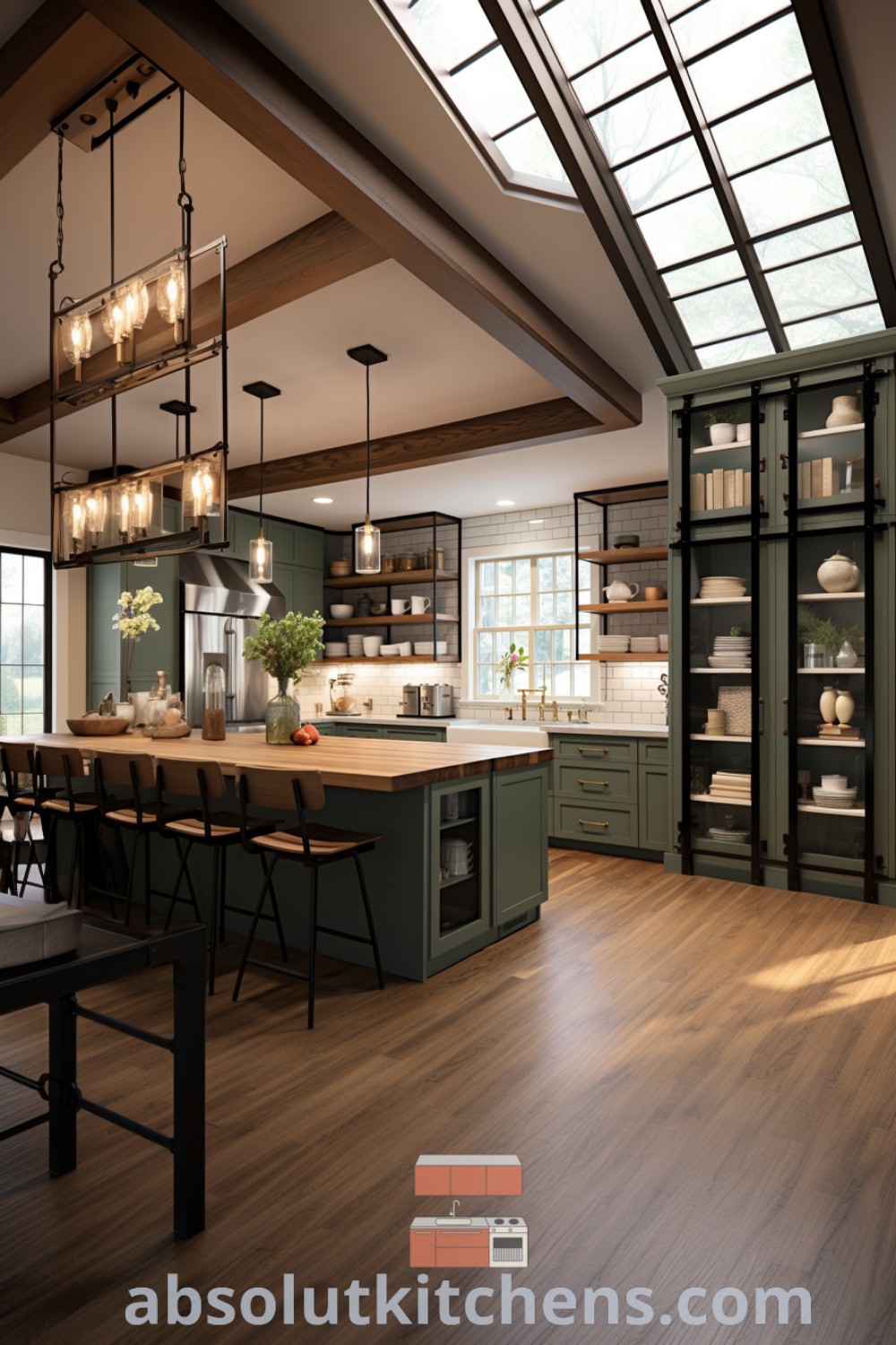 A large farmhouse kitchen with sage green cabinetry, wooden floors, and a central island, showcasing modern farmhouse backsplash tile designs for inspiring decor ideas. Explore more modern farmhouse kitchen styles at absolutkitchens.com.