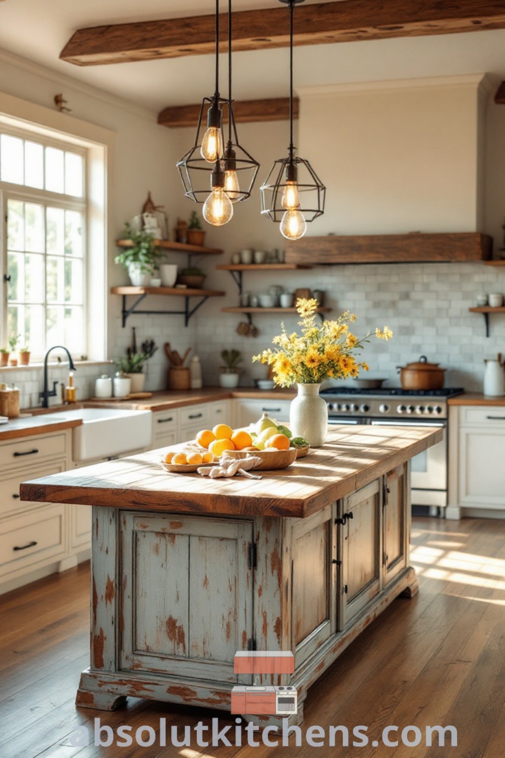 A beautiful farmhouse kitchen island with fruit on it, set in an open floor plan with ample windows, illustrating rustic farmhouse kitchen design trends. This image showcases inviting decor ideas for small spaces, embodying the cozy aesthetic at absolutkitchens.com.