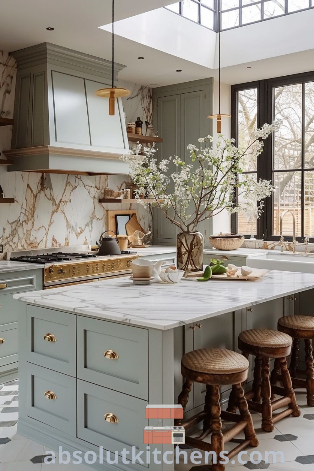 A modern French country kitchen with marble countertops, wooden stools, and an island topped with flowers, offering timeless kitchen cabinet inspiration and sage green design ideas. Explore decor trends and tips for creating a cozy aesthetic at absolutkitchens.com.