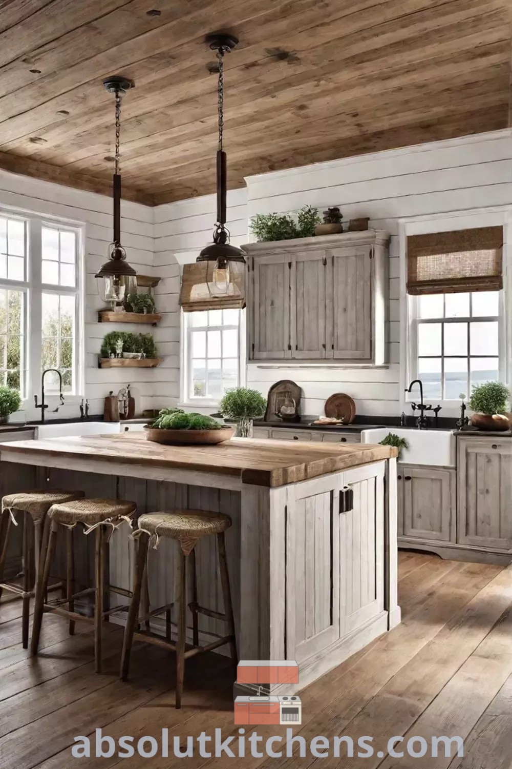 A cozy farmhouse kitchen with shiplap walls, wooden floors, an island countertop, and two stools, offering charming decor ideas and functional design trends for enhancing your cooking space. Explore more inspiring kitchen designs at absolutkitchens.com.