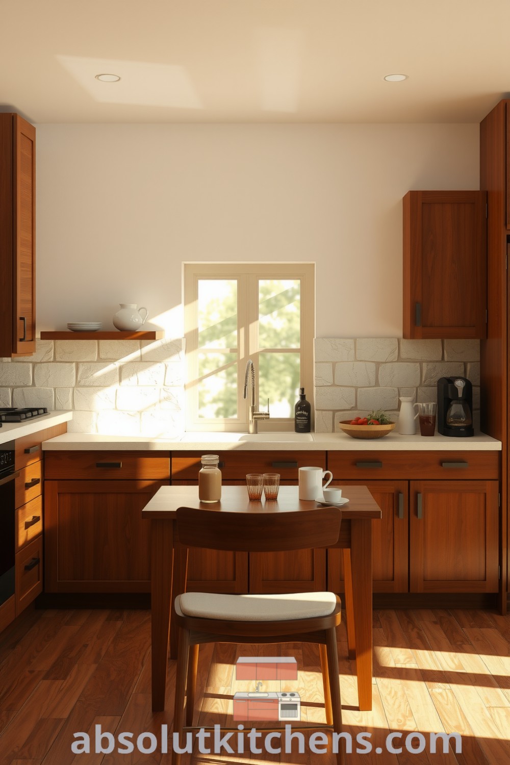 Minimalist kitchen with brown wooden cabinetry, a stone backsplash, and a rustic wooden table illuminated by warm sunlight, creating a cozy atmosphere for family gatherings and inspiring home decor ideas from fireplacesandwoodstoves.com.