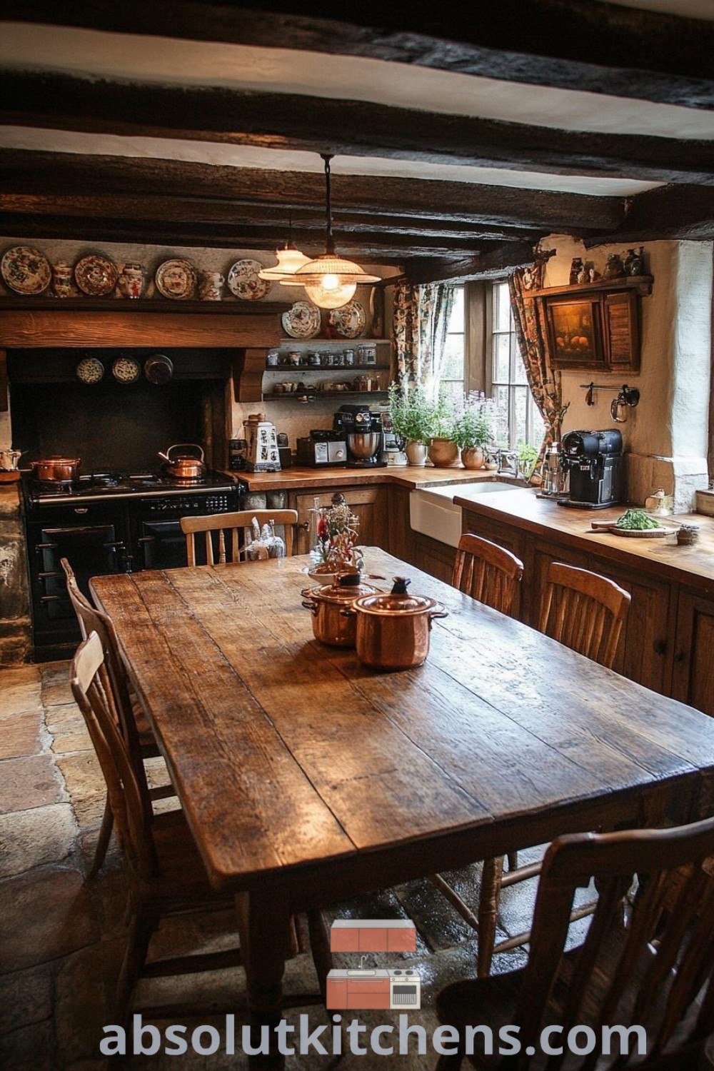 A cozy wooden table in a kitchen featuring a stove top oven, styled in a traditional Welsh dresser kitchen aesthetic. This inviting scene highlights classic English country interiors and offers inspiring decorating ideas for small spaces. Discover more decor insights at absolutkitchens.com.