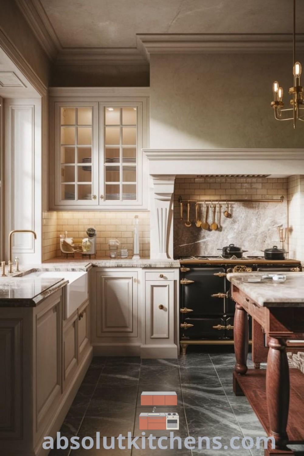 A large traditional kitchen with white cabinets, marble countertops, and a central island, reflecting British kitchen ideas and European kitchen design trends. Ideal for inspiring cozy aesthetics and timeless décor for house or apartment, showcasing old style kitchen elegance. Discover more design tips at absolutkitchens.com.