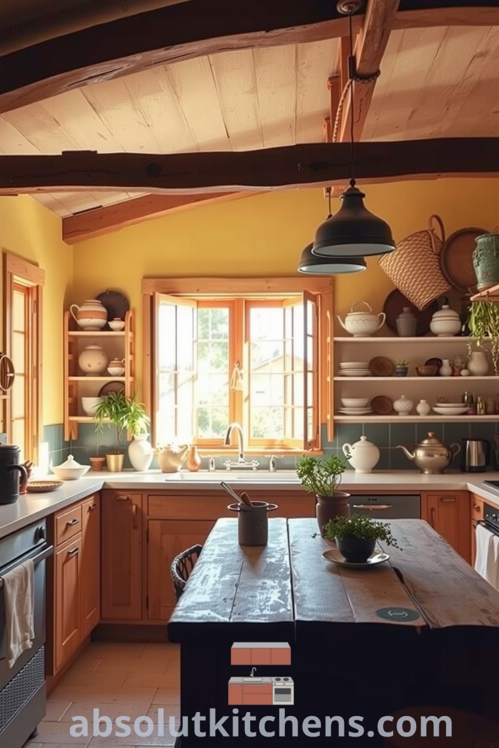 Cozy bohemian kitchen with yellow-painted walls, exposed wooden beams, mismatched pottery, and potted herbs on the windowsill, showcasing inspiring decor ideas for a warm and inviting atmosphere. Visit absolutkitchens.com for more unique design ideas.