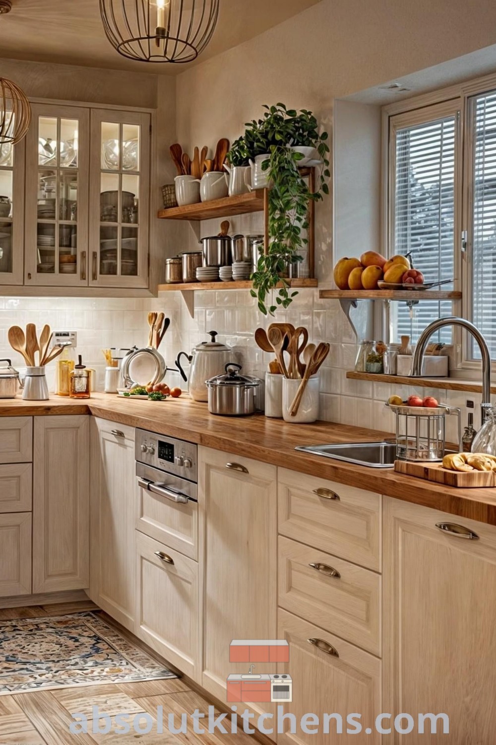 A spacious kitchen with abundant countertop space, wooden counters topped with pots and pans, showcasing a cozy home aesthetic. This design offers inspiring farmhouse kitchen decor that combines functionality with inviting warmth. Explore more unique ideas and decor inspirations at wellnesswink.com.