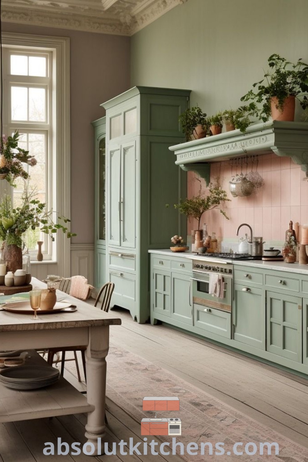 A picturesque kitchen filled with green furniture and vibrant potted plants, reflecting Danish pastel colors and cozy design trends. This warm kitchen offers inspiring decor ideas for small spaces, perfect for transforming your home. For more design tips, visit absolutkitchens.com.