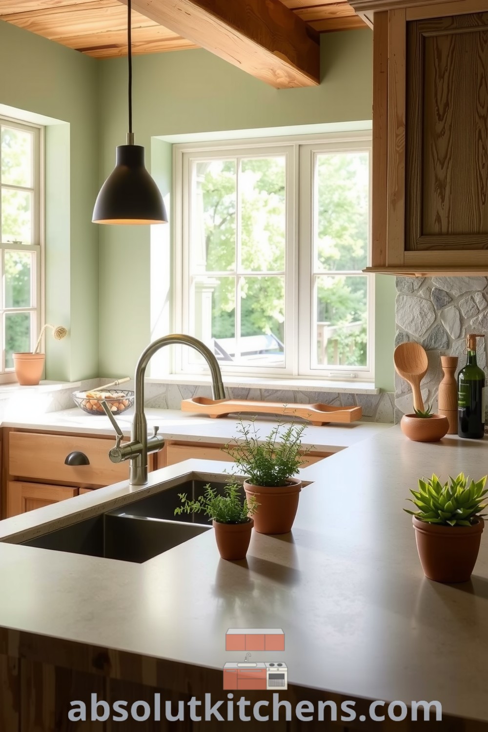 Cozy nature-inspired kitchen featuring soft green tones, a rustic farmhouse sink, rough-textured stone backsplash, and reclaimed wood cabinetry, enriched with terracotta plants, creating a serene ambiance perfect for gatherings. Visit absolutkitchens.com for more unique ideas and designs for your home.