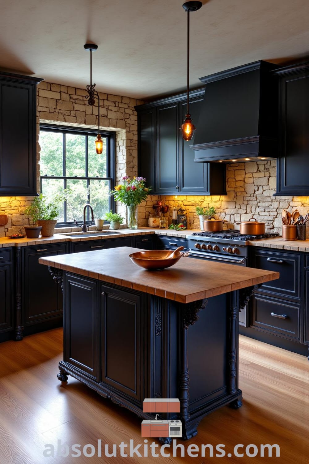 Rustic kitchen interior showcasing dark wood cabinets, a weathered island, and copper pots, decorated with herbs and fresh flowers, creating cozy, inviting decor ideas for your home. Visit fireplacesandwoodstoves.com for more unique inspirations.