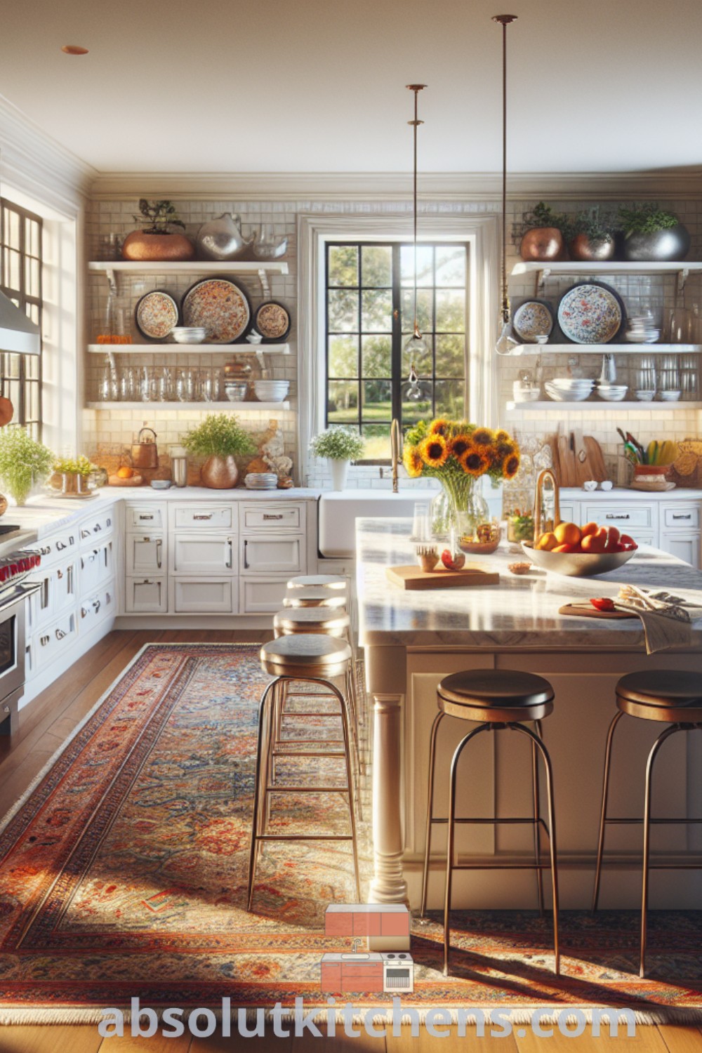 A spacious sunlit kitchen featuring glossy cabinets, a marble island, and hardwood floors, overlooking a lush garden. This cozy farmhouse kitchen design includes inspiring ideas for kitchen window design and decor tips for modern aesthetics at absolutkitchens.com.