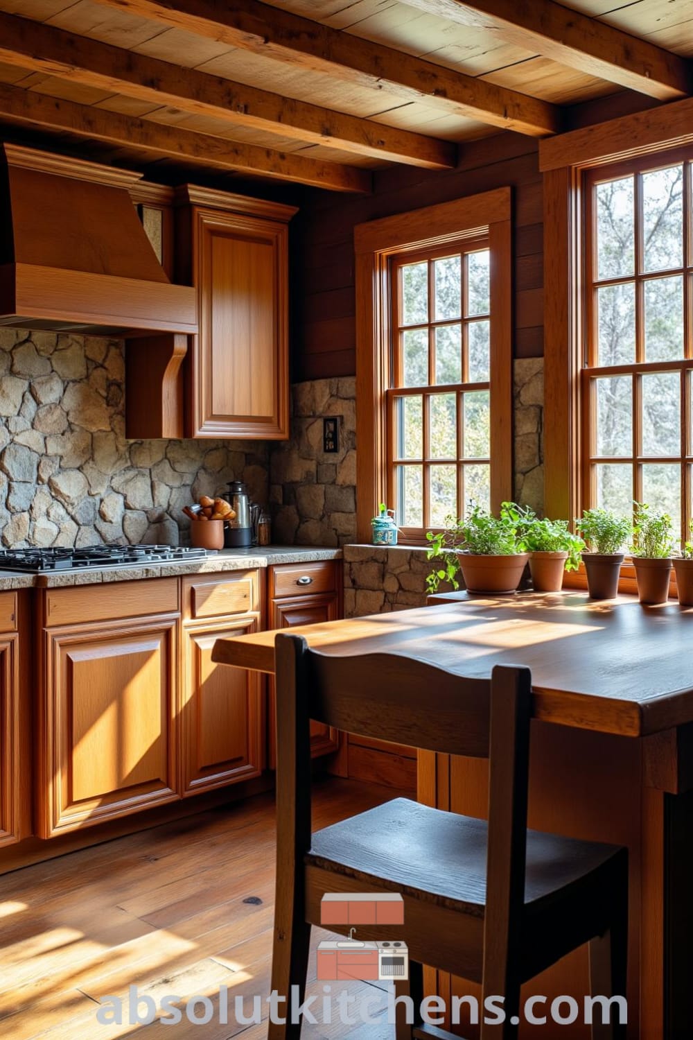 Cozy kitchen design featuring rustic wooden cabinets, a sturdy farmhouse table, and fresh herbs in earthen pots, illuminated by sunlight, offering unique ideas for your home and decor inspirations. Visit fireplacesandwoodstoves.com for more cozy ideas.