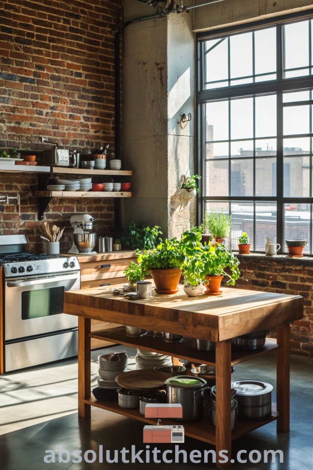 Chic urban loft kitchen on absolutkitchens.com with rustic brick walls, modern loft design, and decor ideas for small spaces.