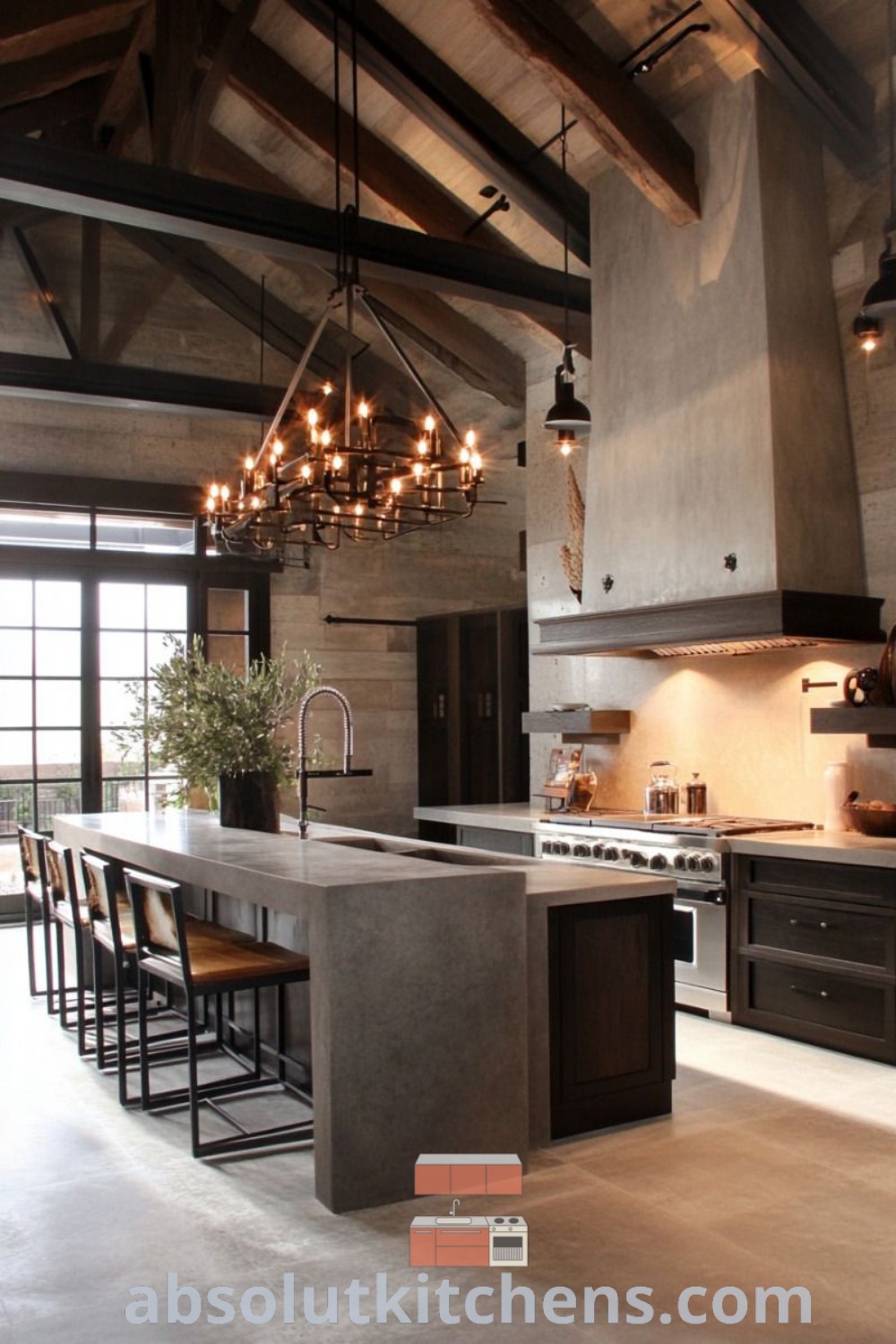 A large industrial wood kitchen with an island, illuminated by multiple hanging lights, showcasing rustic industrial kitchen design ideas. This inviting space offers unique ideas for your home, blending functionality and aesthetic appeal. Explore more decor inspirations at wellnesswink.com.