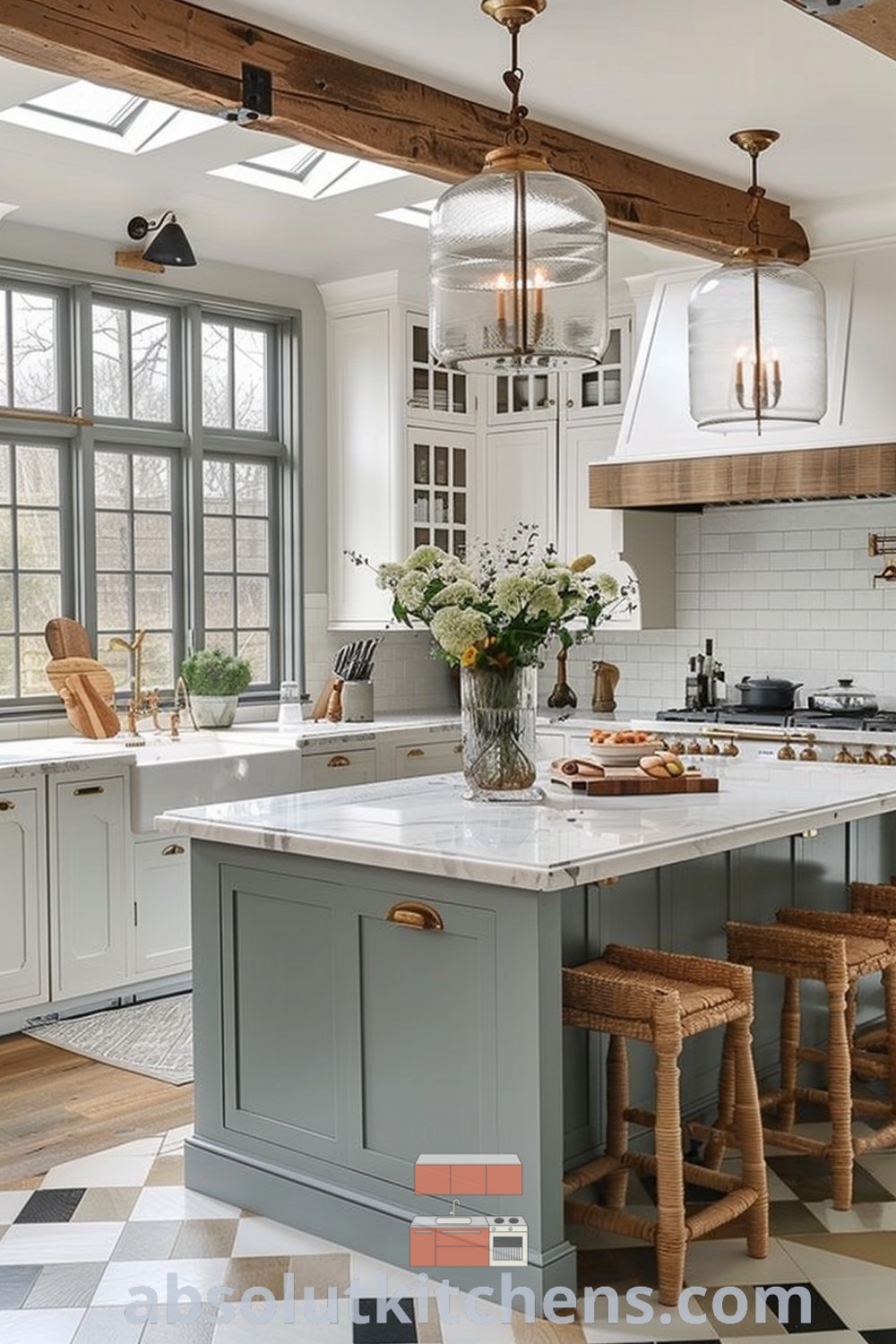 A large kitchen with a stylish blue-green and white color scheme, featuring a central island with stools. This inviting space showcases sage kitchen island paired with white cabinets, presenting inspiring kitchen design trends and decor ideas for small spaces. For further home inspiration visit absolutkitchens.com.