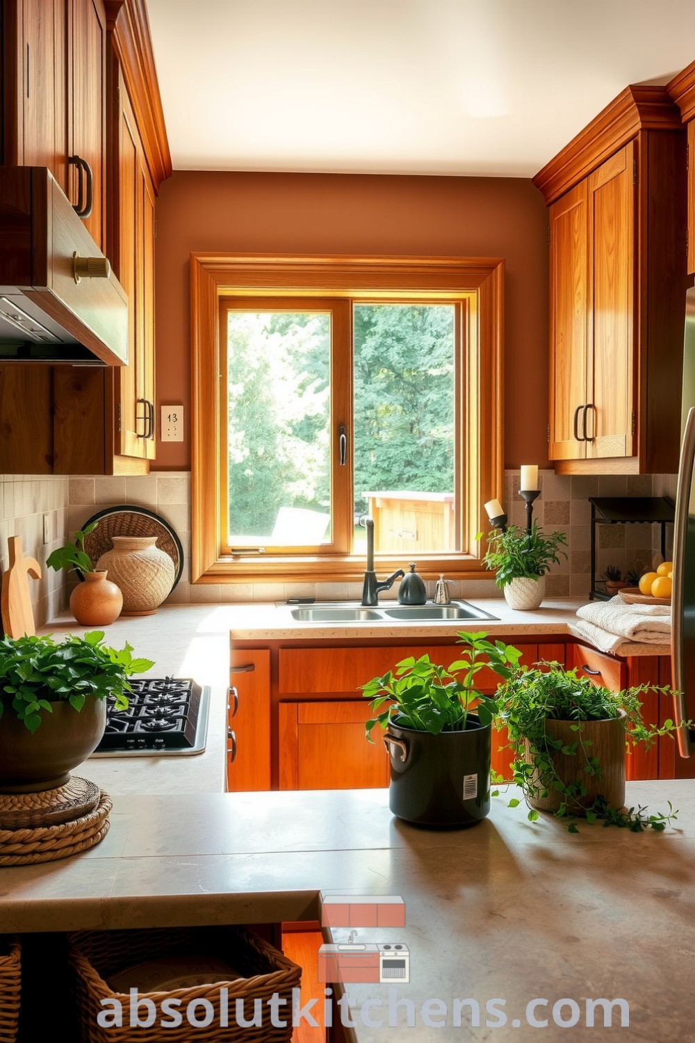 Cozy nature-inspired kitchen with earthy tones, reclaimed wood cabinets, and a stone countertop, featuring potted herbs, a large window overlooking a lush garden, and artisanal decor ideas like woven baskets and hand-thrown pottery. Visit absolutkitchens.com for unique ideas and cozy design inspirations for your home.