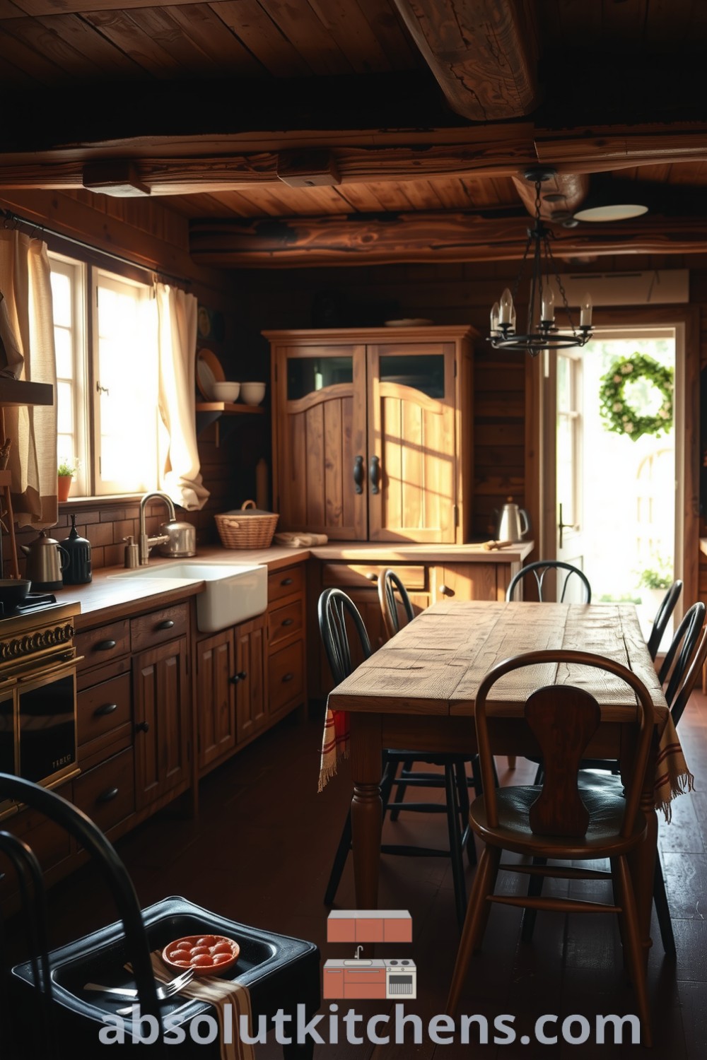 Cozy rustic kitchen featuring warm natural light, black wrought iron fixtures, weathered wood cabinets, and a farmhouse table surrounded by mismatched chairs, embodying a comforting and inviting atmosphere for culinary creativity. Visit absolutkitchens.com for more cozy design ideas.
