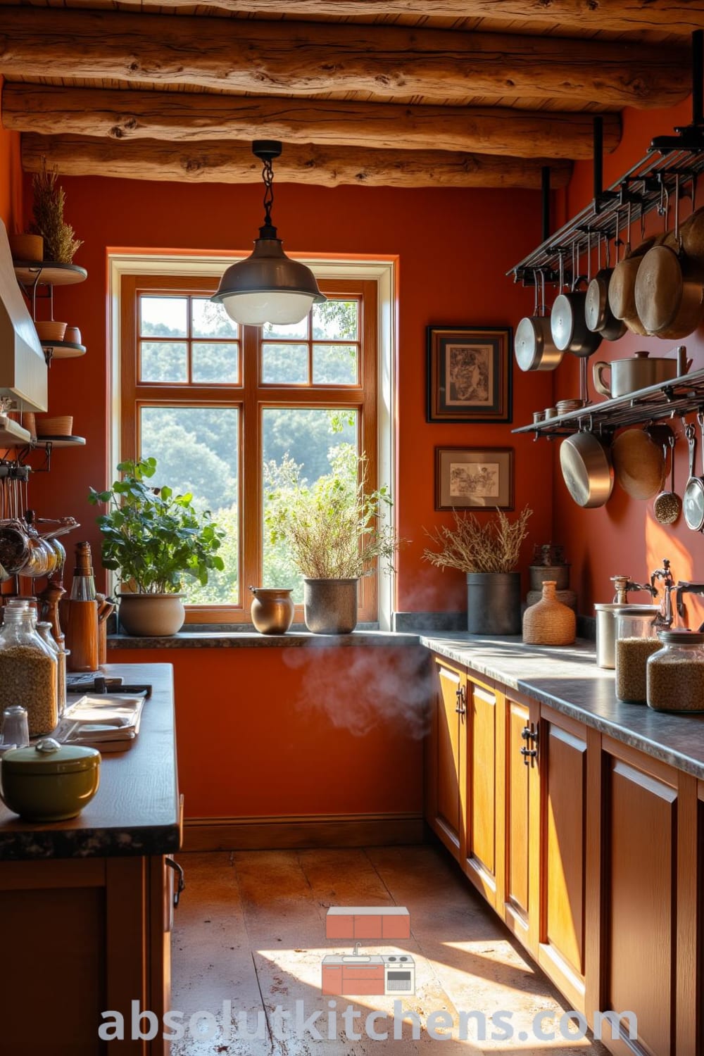 Cozy rustic kitchen featuring sun-drenched orange walls, wooden countertops, and a wrought-iron pot rack filled with well-used cooking pots, creating an inviting atmosphere perfect for shared meals and inspiring design ideas for your home. Visit fireplacesandwoodstoves.com for unique decor inspirations.