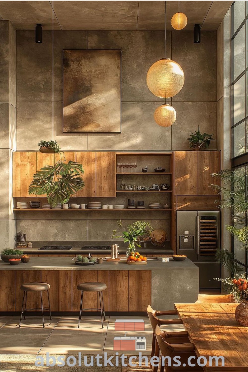 A modern kitchen featuring wooden cabinets, a central island, and large windows, providing natural light and a cozy aesthetic. This inspiring space offers ideas for Mediterranean living rooms and kitchen design trends at absolutkitchens.com. Perfect for anyone seeking decor ideas for small spaces.