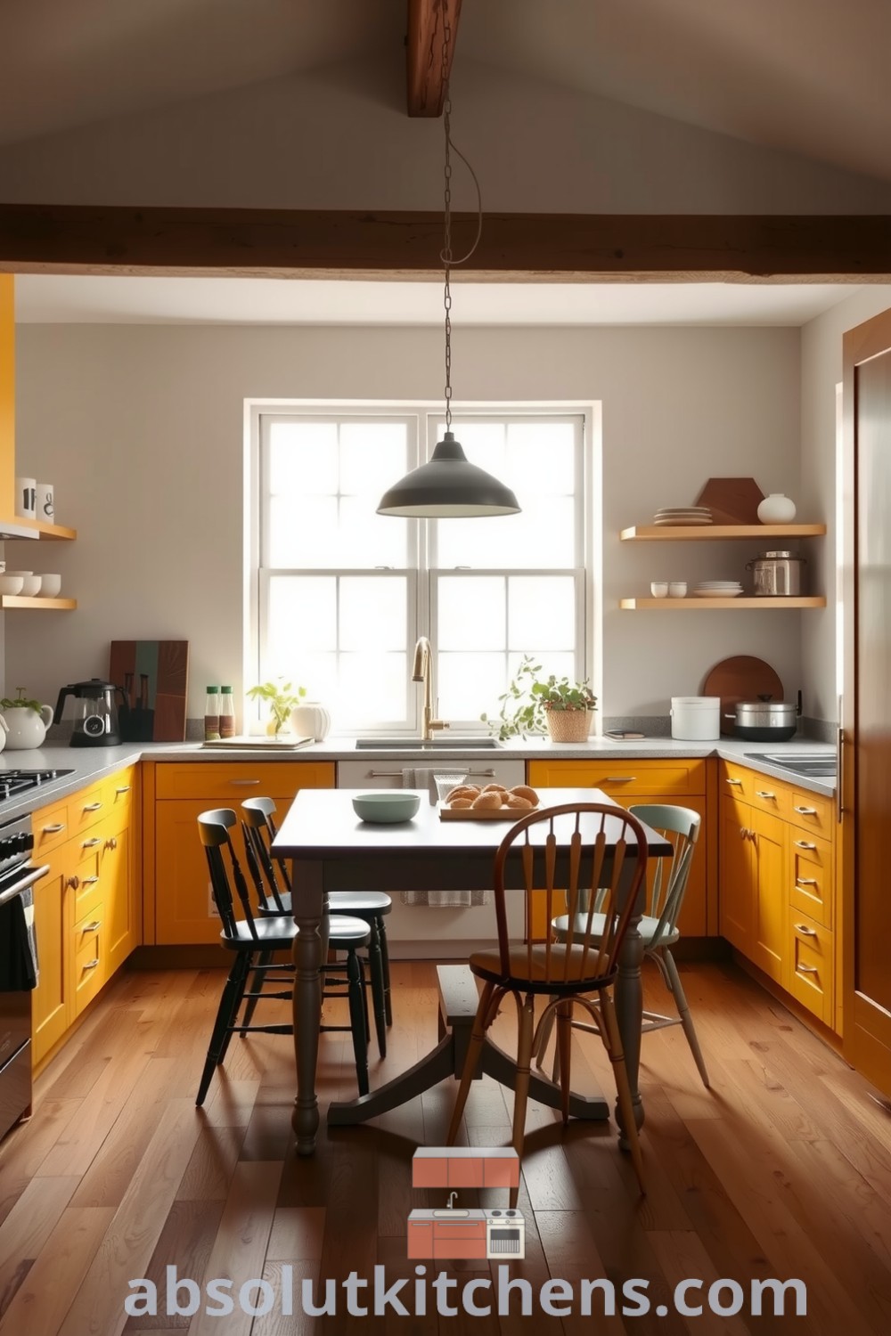 Scandinavian kitchen with warm yellow accents, large windows providing natural light, smooth pine cabinetry, and a sturdy dining table surrounded by mismatched chairs, showcasing cozy ideas and decor inspirations for an inviting home, featured at fireplacesandwoodstoves.com.