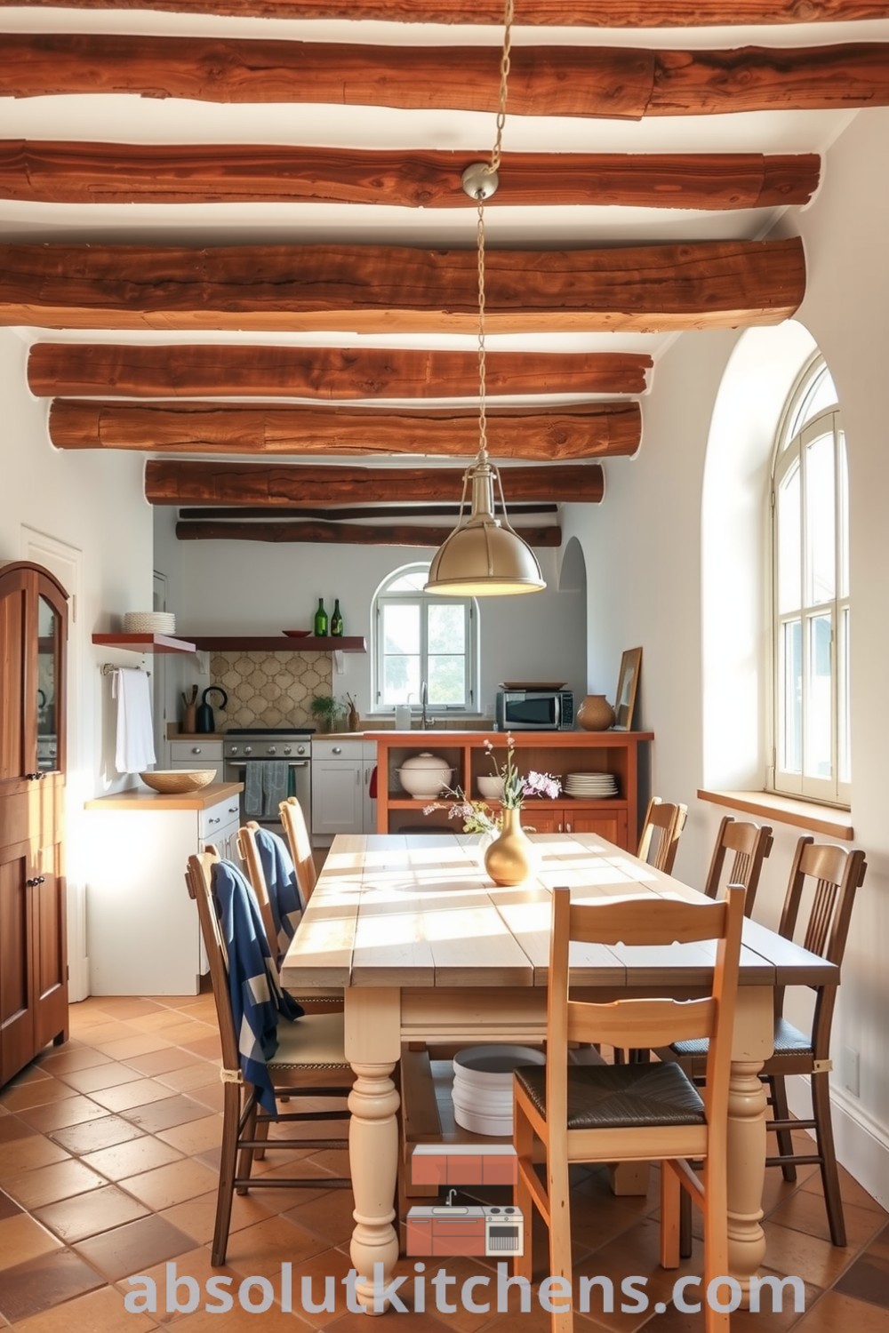 Cozy Mediterranean kitchen featuring soft white walls, rustic wooden beams, a weathered stone backsplash, and a farmhouse table surrounded by mismatched chairs, creating an inviting atmosphere for family gatherings. Visit absolutkitchens.com for design ideas.
