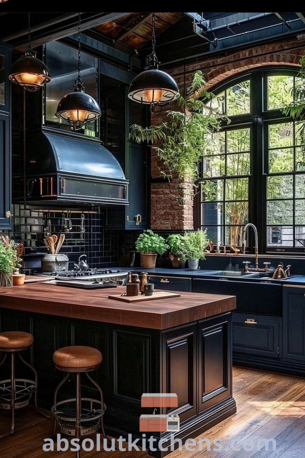 A cozy kitchen with black cabinets and a spacious island in front of two windows, accompanied by lush potted plants. This inspiring Colonial House interior design combines rustic industrial charm with Tuscan kitchen elements, offering inviting decor ideas for your home. Discover more at absolutkitchens.com.