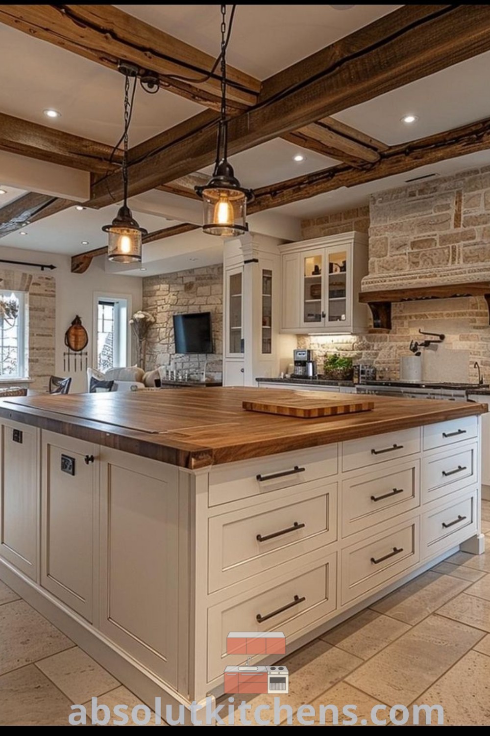 A large kitchen with an island in the middle showcasing rustic kitchen design and cozy aesthetic. Includes cabinet makeover ideas and decor ideas for small spaces, demonstrating farmhouse kitchen design trends. Discover inspiration for your home at absolutkitchens.com.