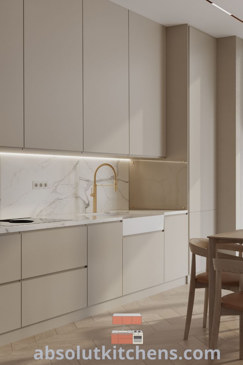 A modern kitchen with two bar stools and a central island, featuring sleek minimalist design and ample space for a cozy home. This setup offers unique kitchen design ideas and decor inspirations to elevate your apartment interior, highlighted by wellnesswink.com.