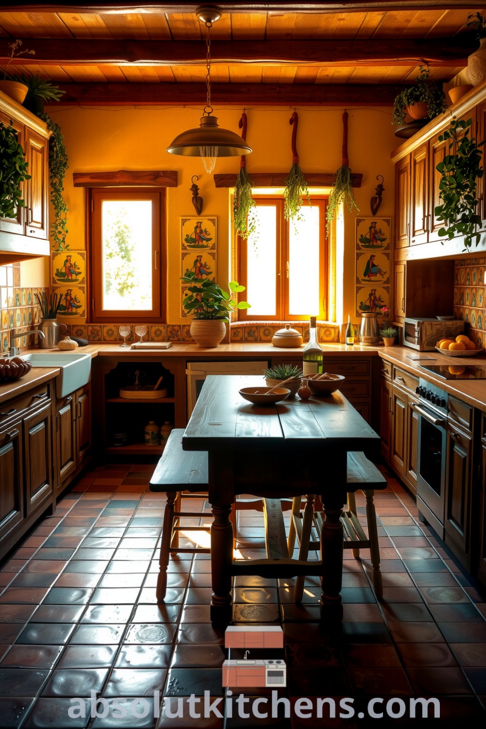 Cozy Mediterranean kitchen with warm brown hues, rustic terracotta tiles, wooden cabinets adorned with hand-painted ceramic tiles, and a large wooden table at the center, showcasing design ideas for a welcoming home atmosphere. Visit absolutkitchens.com for more inspiring decor ideas.