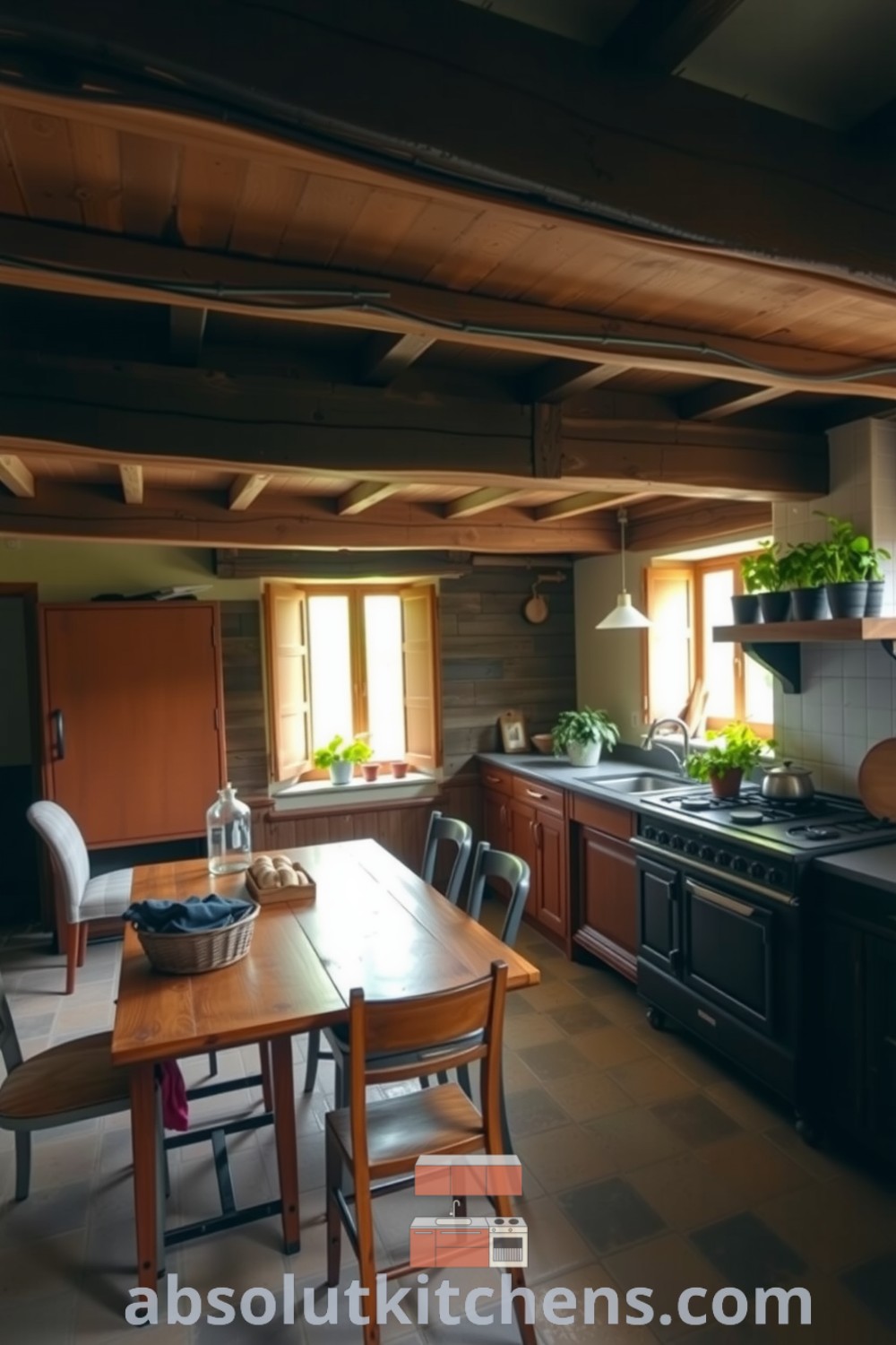 Cozy French kitchen with wooden beams, farmhouse table, mismatched chairs, antique stove, and a sunny windowsill with pots of herbs, creating an inviting atmosphere for family gatherings, featured on absolutkitchens.com.