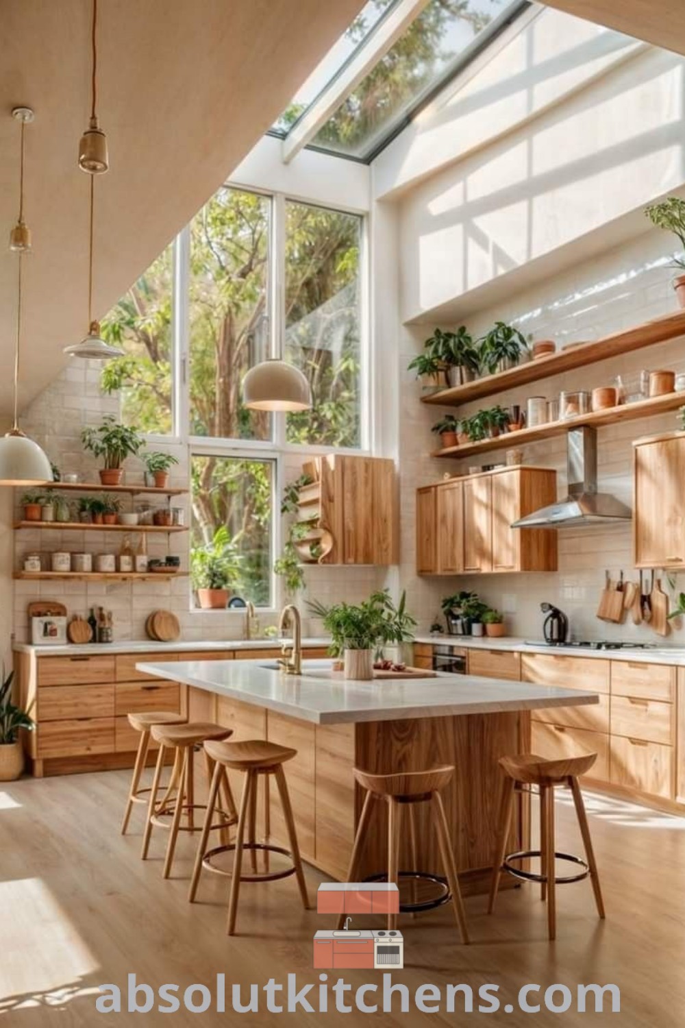 A minimalist studio kitchen filled with wooden furniture and lush plants, showcasing the boho kitchen design style. This cozy aesthetic offers fresh decorating ideas for small spaces, perfect for a dream home. Explore more insights at absolutkitchens.com.
