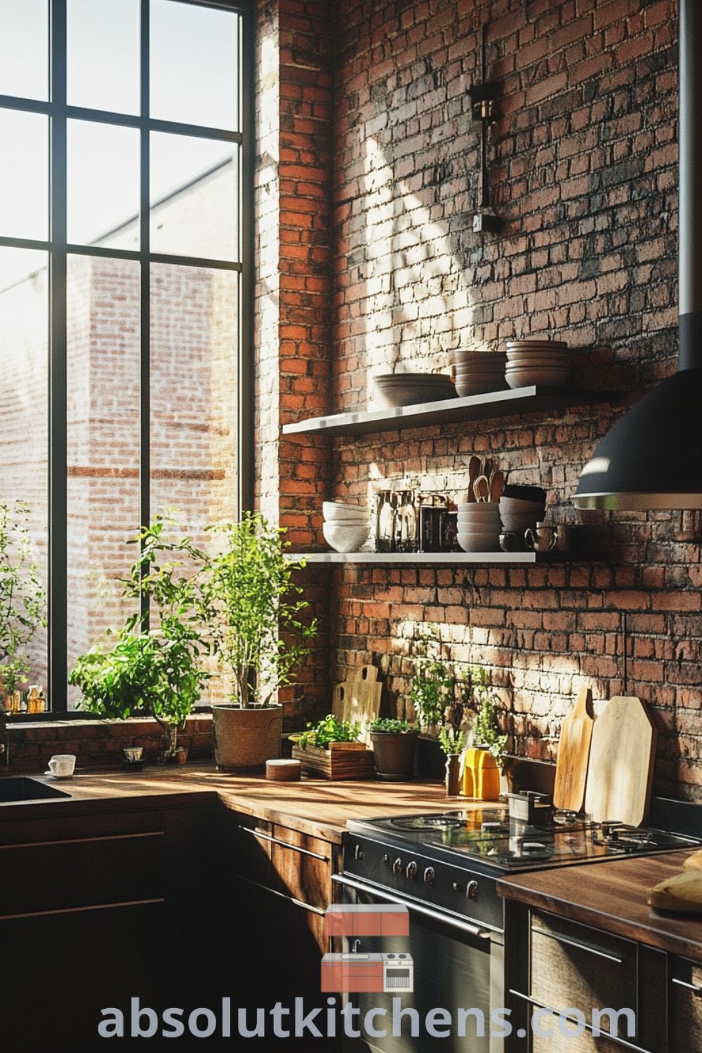 Loft kitchen design on absolutkitchens.com features exposed brick walls, cozy aesthetic, and inviting decor ideas for small spaces.