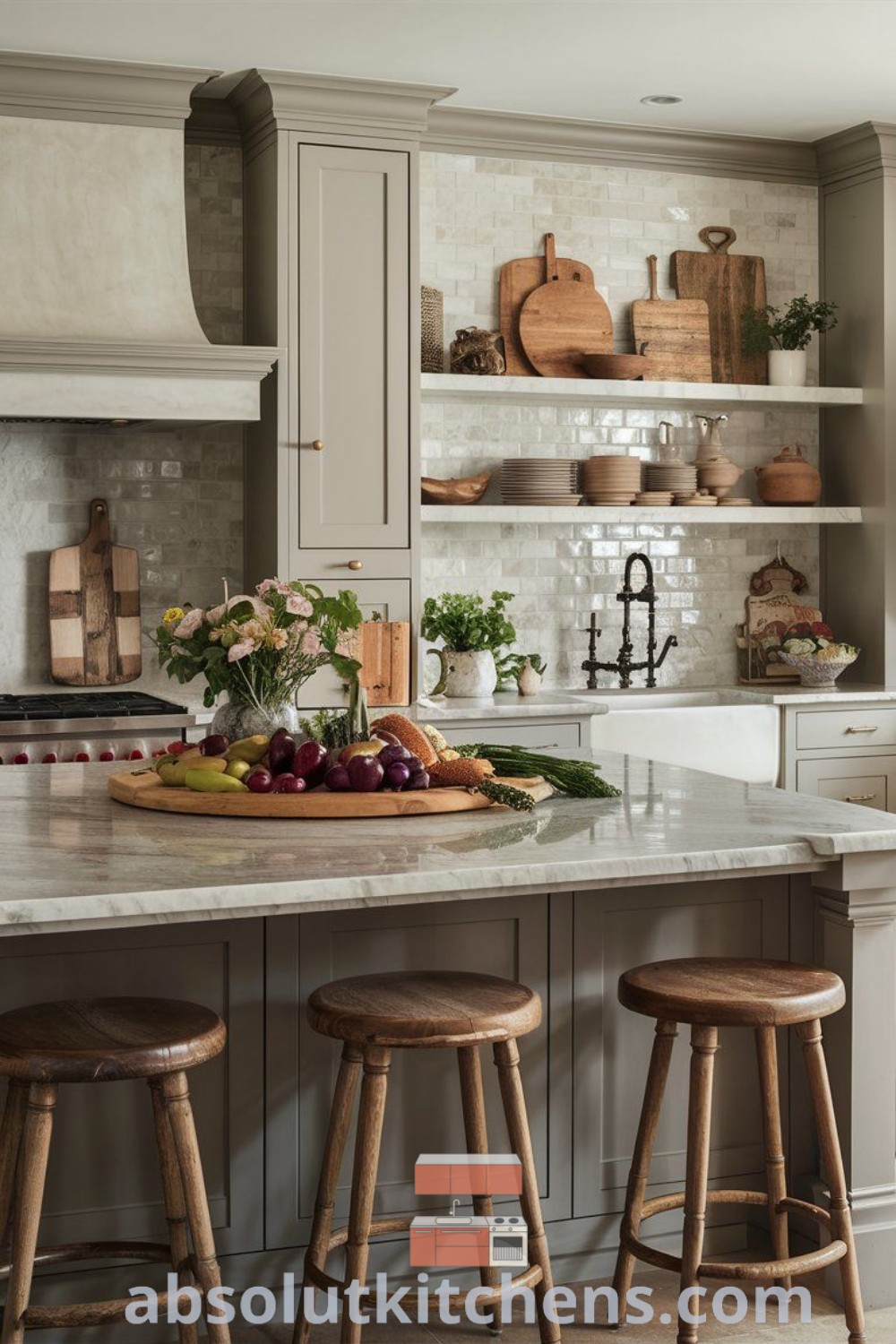 A modern romantic kitchen featuring two stools at the center of the stylish island and an open shelving unit in the background. This cozy modern farmhouse kitchen offers inspiring decor ideas and showcases trends for a welcoming cooking environment. For more kitchen inspirations, visit absolutkitchens.com.