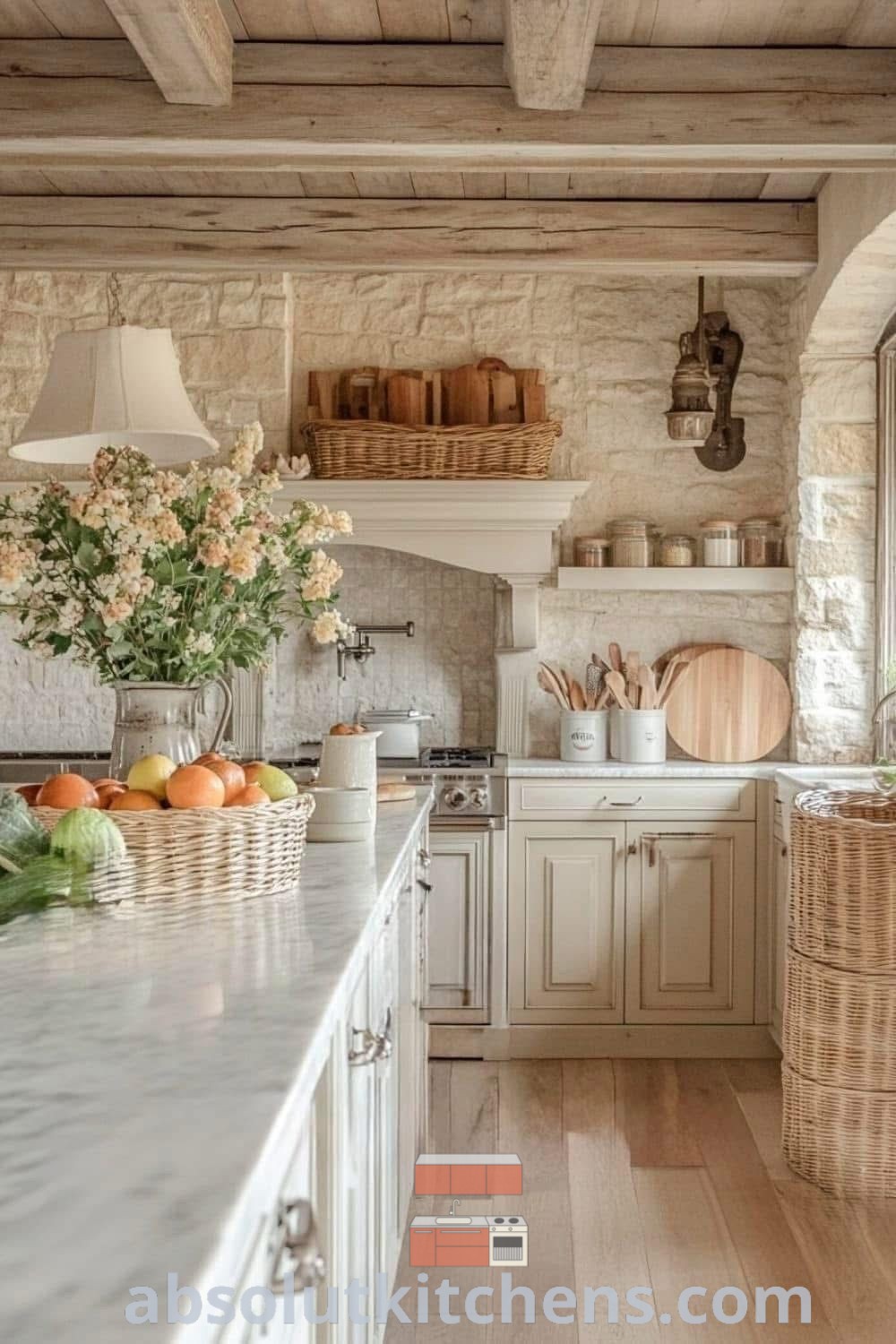 A bright and inviting French country kitchen showcasing white cabinets and spacious countertops beside a window. This design exemplifies farmhouse French kitchen charm and offers inspiring decor ideas for small spaces, highlighting cozy aesthetics. Explore more design trends and ideas at absolutkitchens.com.