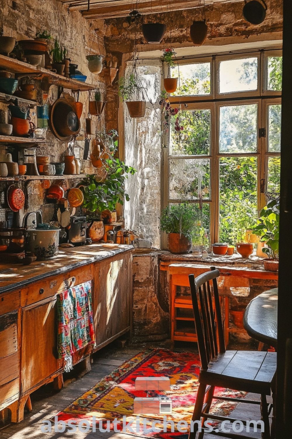Bohemian Kitchen design on absolutkitchens.com featuring colorful pottery, cozy kitchen atmosphere, and eclectic kitchen decor ideas.