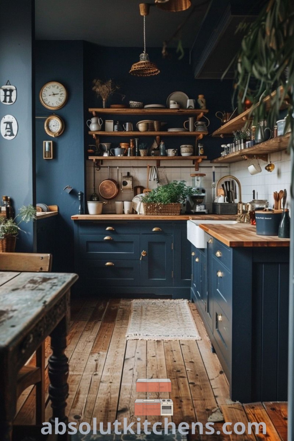 A beautiful kitchen with blue walls and wooden floors, showcasing moody blue kitchen cabinets and clocks on the wall. This inspiring space offers design ideas for house or apartment kitchens, blending functionality and style beautifully. Find more inspiring decor ideas at absolutkitchens.com.